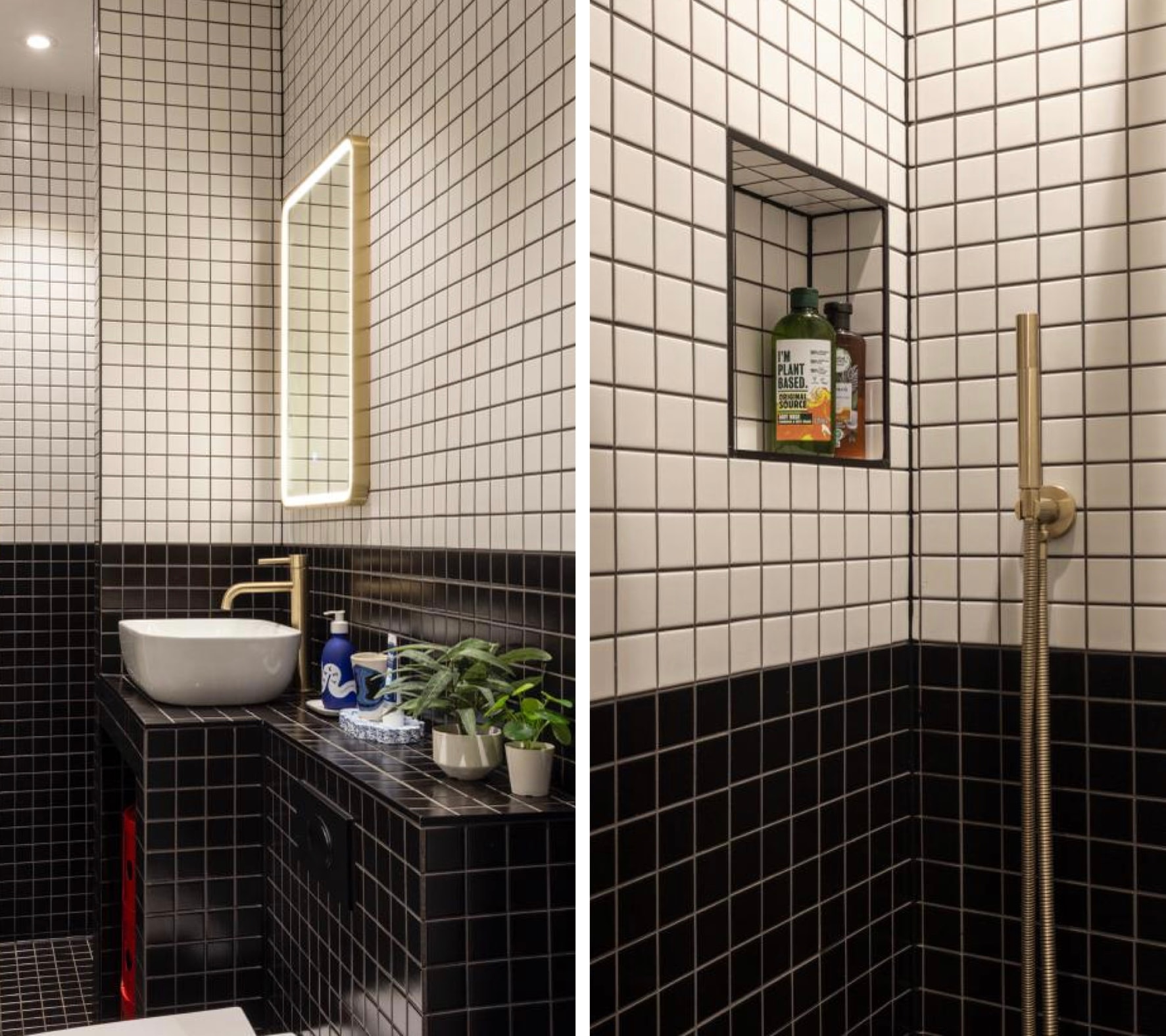 Small bathroom with a walk-in shower and flush floor drain, finished in black and white mosaic tiles. A recessed shower niche, concealed toilet and wall-mounted tap make good use of the space.