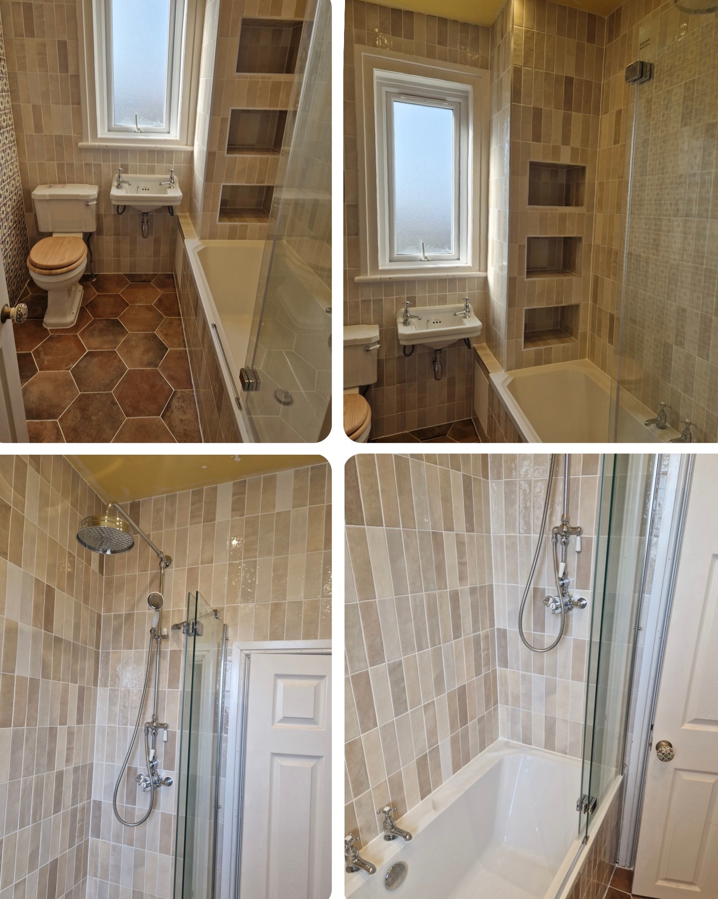 Completed bathroom with warm-toned tiling, hexagonal floor tiles and three custom-built recessed shelves beside the bath. The photos also show the separate shower area.