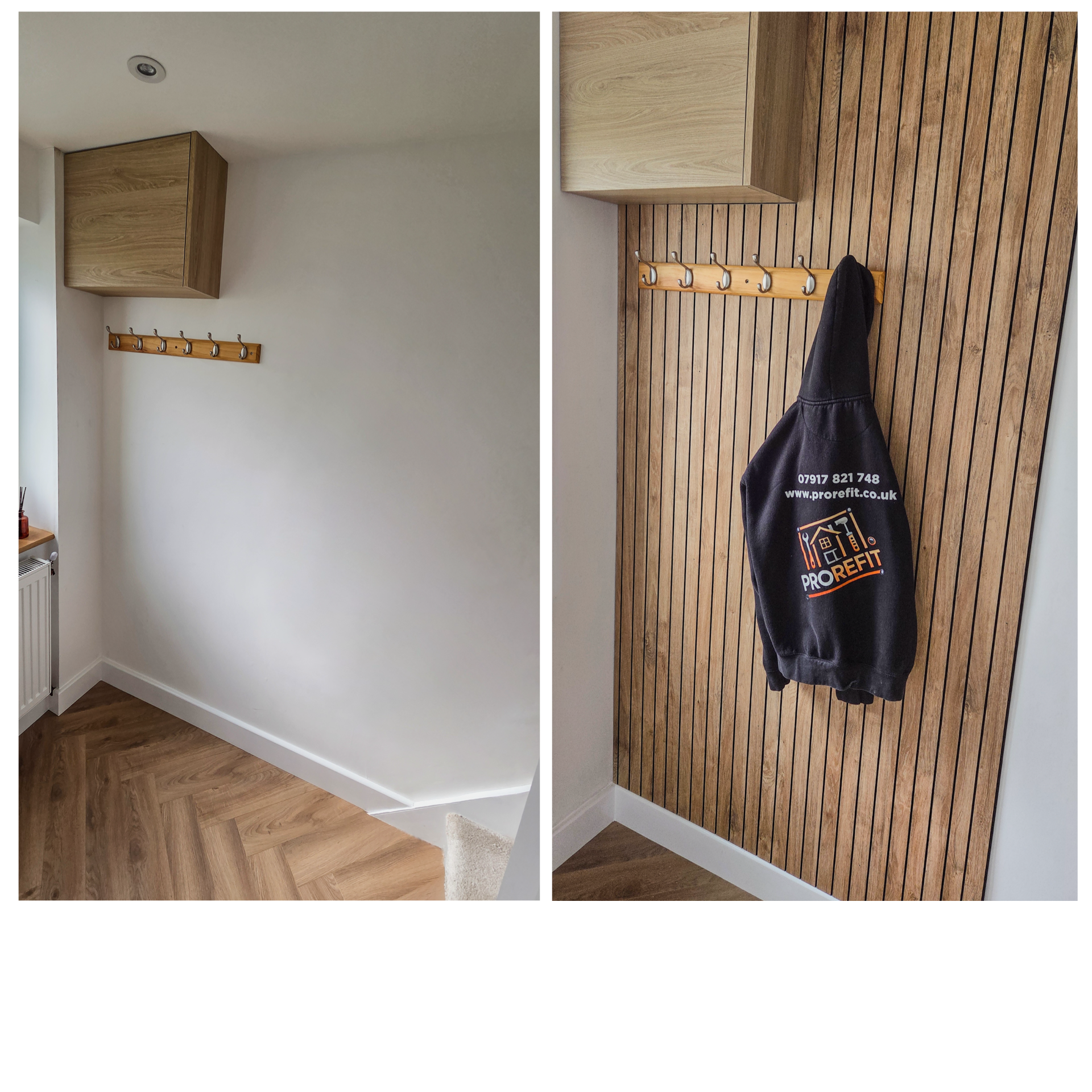A plain wall transformed with vertical timber slat panelling, creating a warm feature for the entrance area.