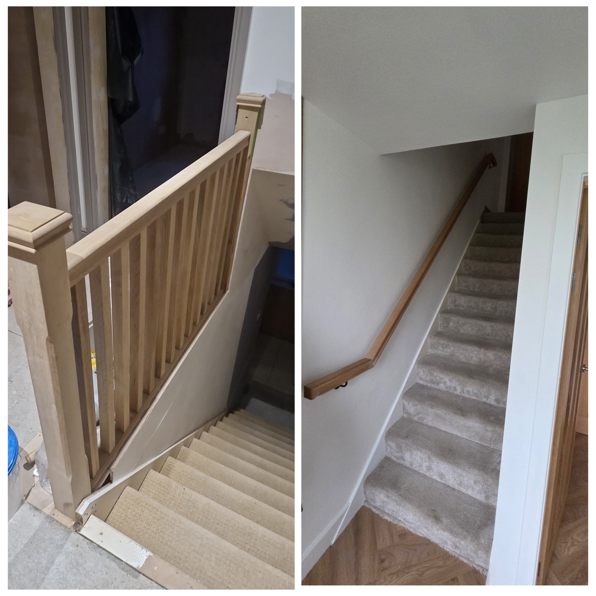 Oak stair balustrade and wall handrail installed, adding a warm finish to the staircase.