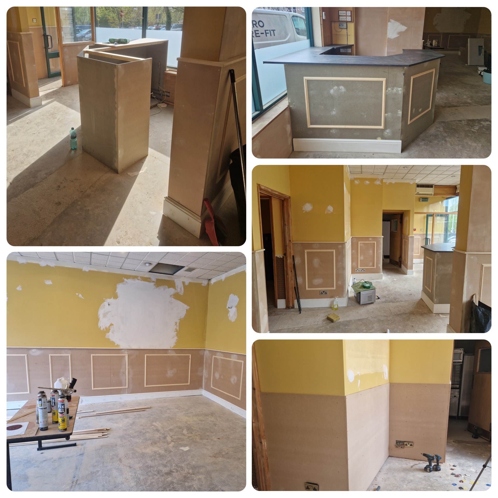 Restaurant renovation in progress, with walls and decorative panelling being repaired and refreshed across the dining area.