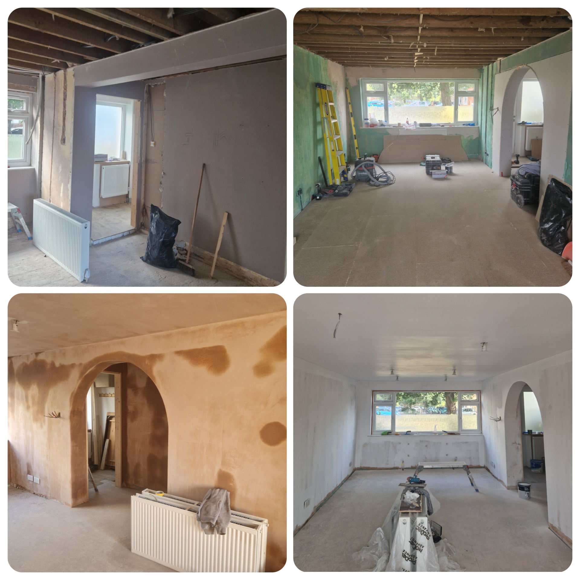 Ground floor renovation with new walls, a newly built archway and a repositioned radiator. The photos show the space at different stages of the work.