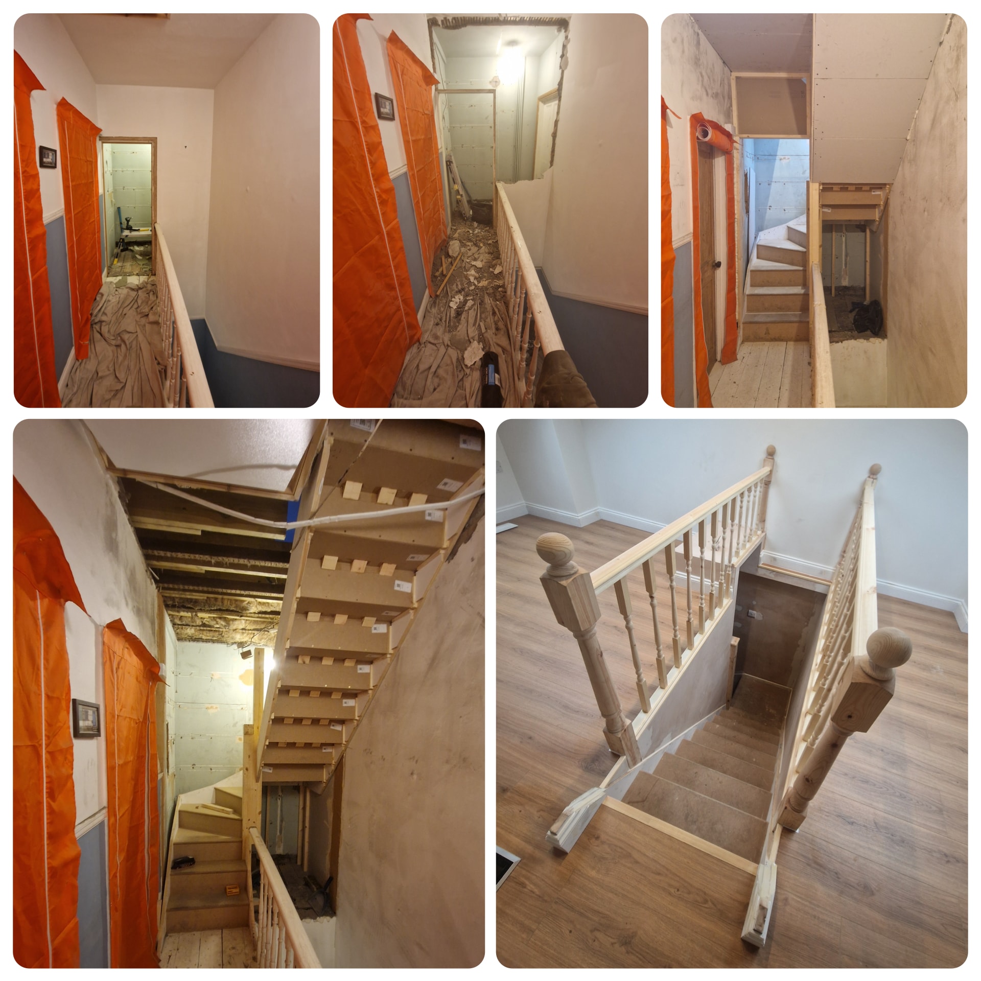 Loft conversion with a new staircase, handrail and balustrade. The photos show the stairway taking shape and the finished landing.
